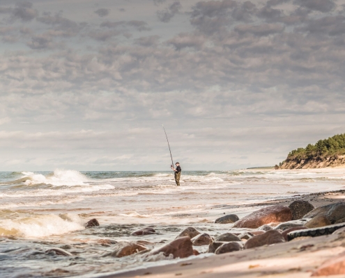 Person fishing in the water by a beach
